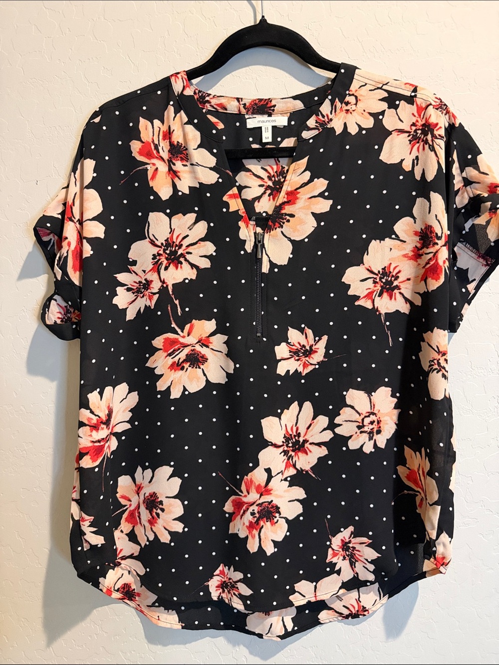 Maurices Black Floral 1/4 Zip Blouse